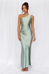The Aurora One Shoulder Satin Maxi Dress Sage