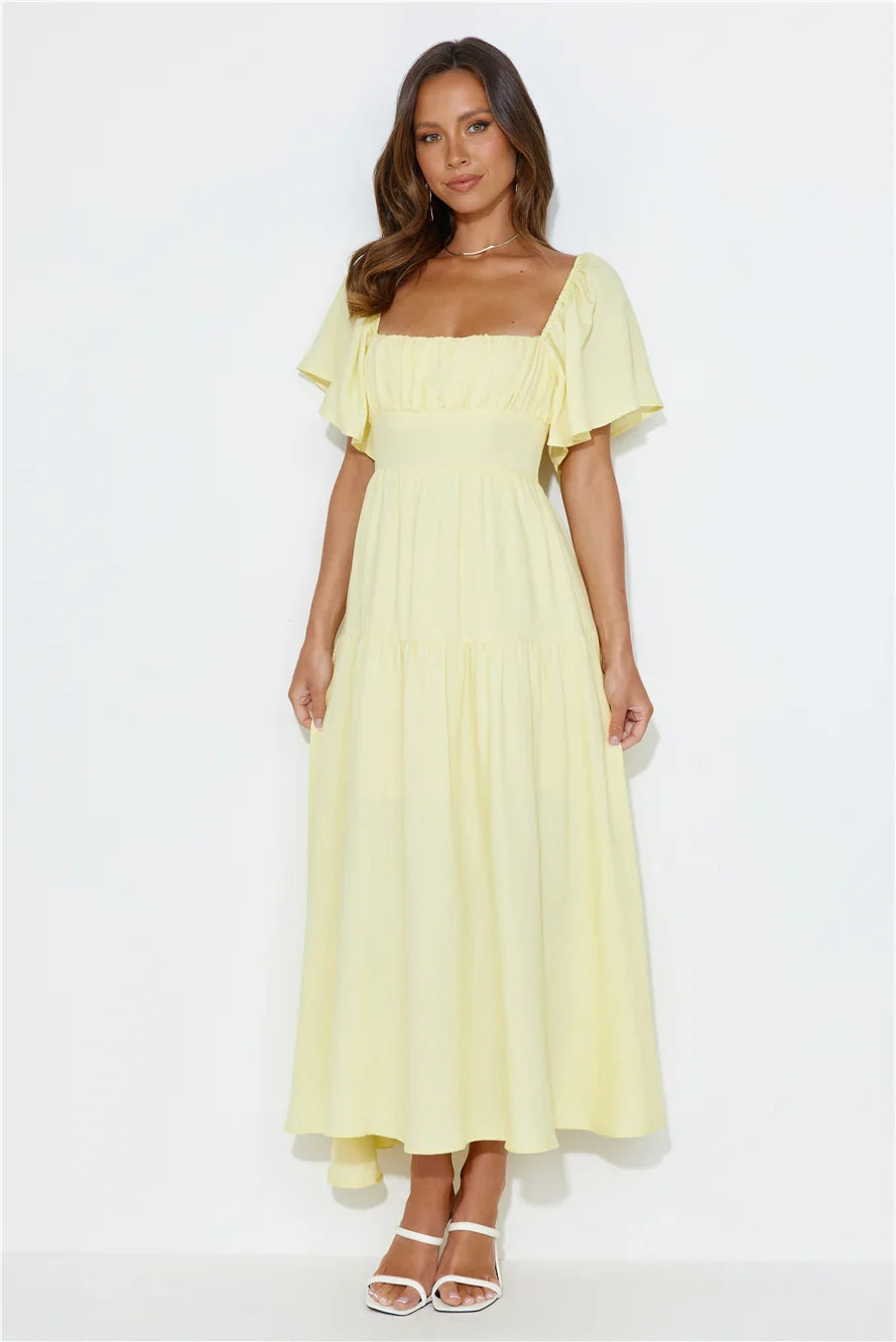 Summertime Heat Puff Sleeve Maxi Dress Yellow