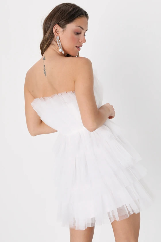 Tulle Intentions White Strapless Tiered Tulle Mini Dress
