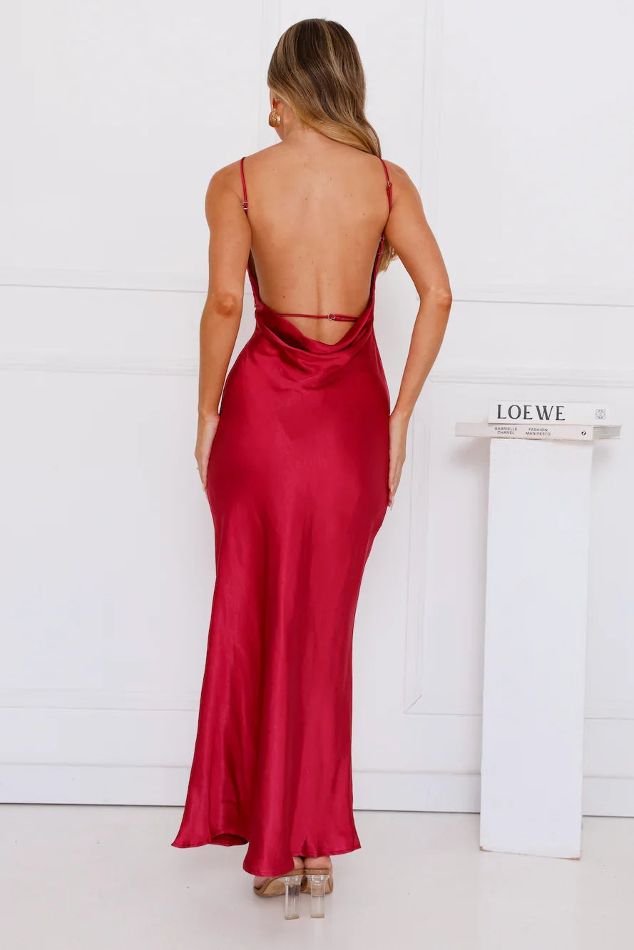 Unveiled Sophistication Satin Maxi Dress Ruby
