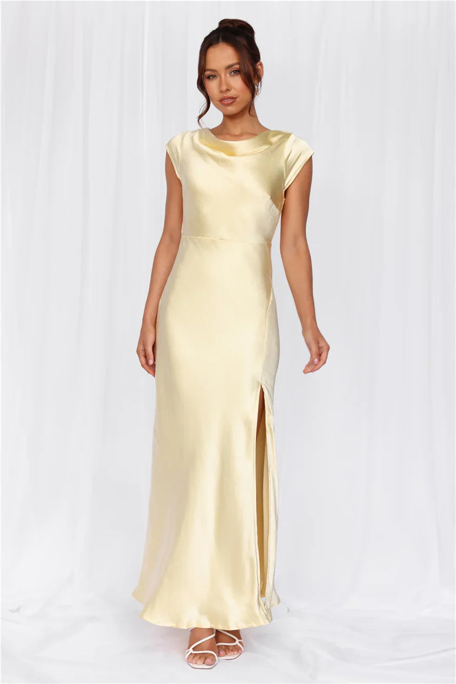 The Valentina Cap Sleeve Satin Maxi Dress Yellow